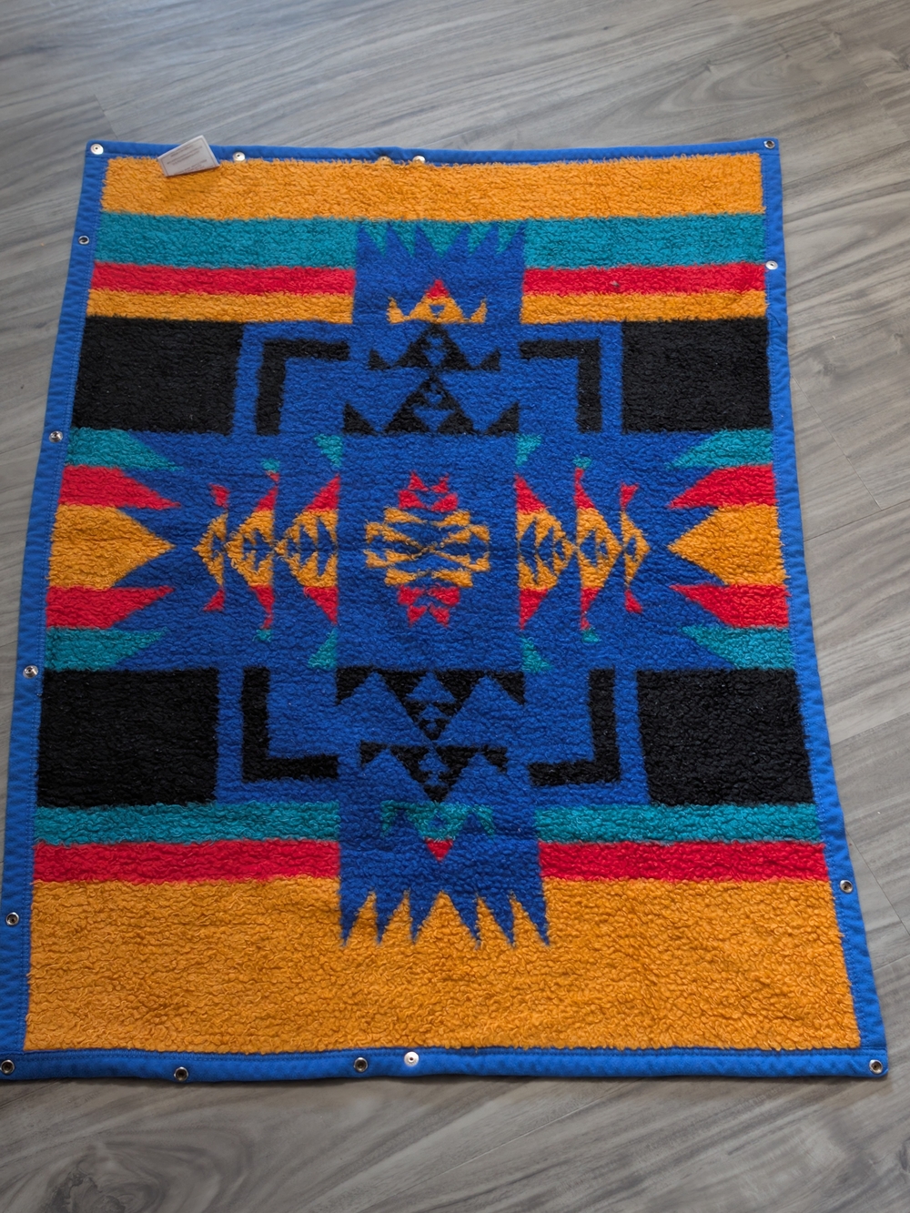 VTG Biederlack Southwestern Aztec Baby Blanket Snap Stroller Fleece Blue 35x26